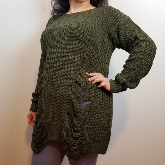 NWT Olive Green Ripped distressed long sweater - Picture 4 of 5